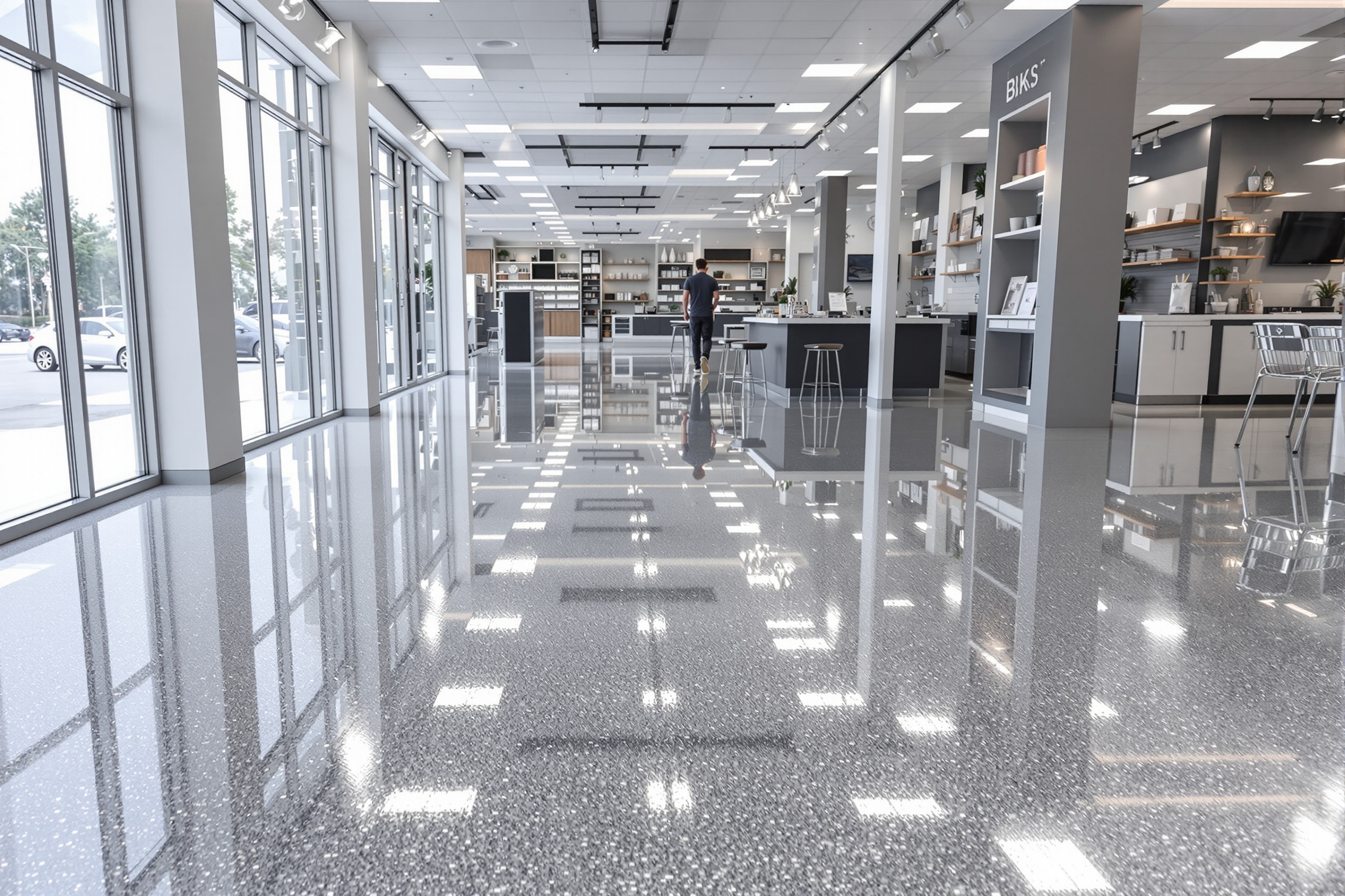 Local comercial después: piso metálico epóxicos plata