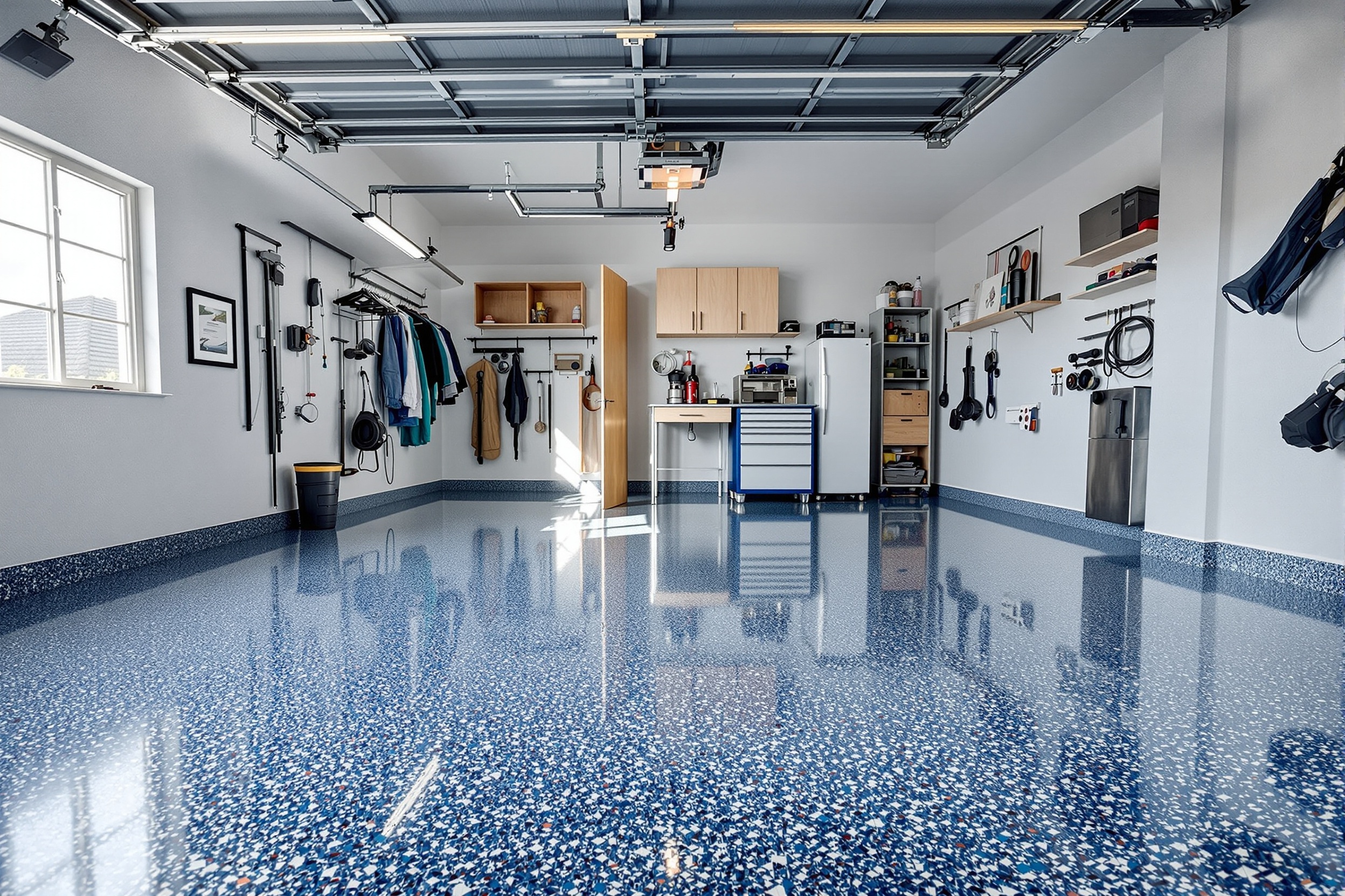 Cochera después: piso flake epóxicos azul y gris