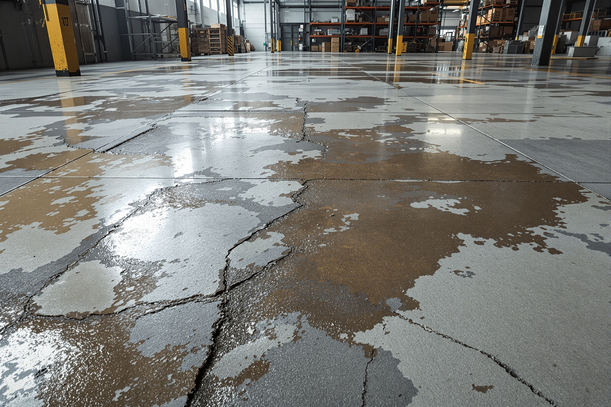 Bodega antes: concreto industrial con desgaste severo