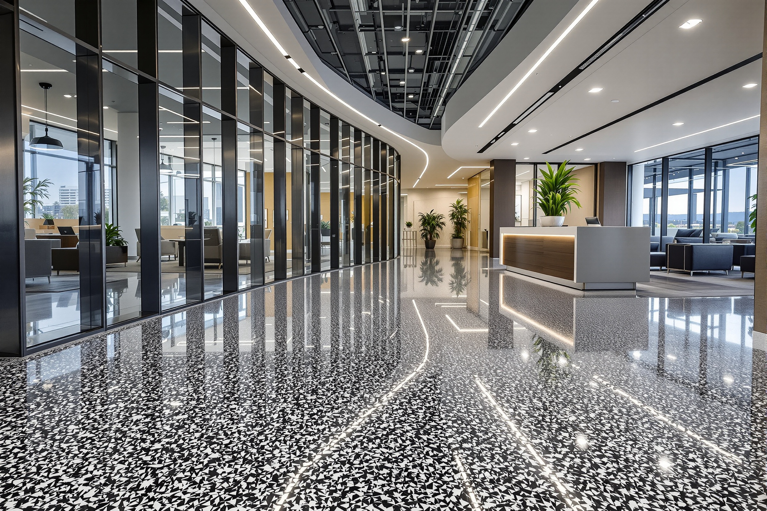 Lobby de oficinas con piso flake epóxicos profesional