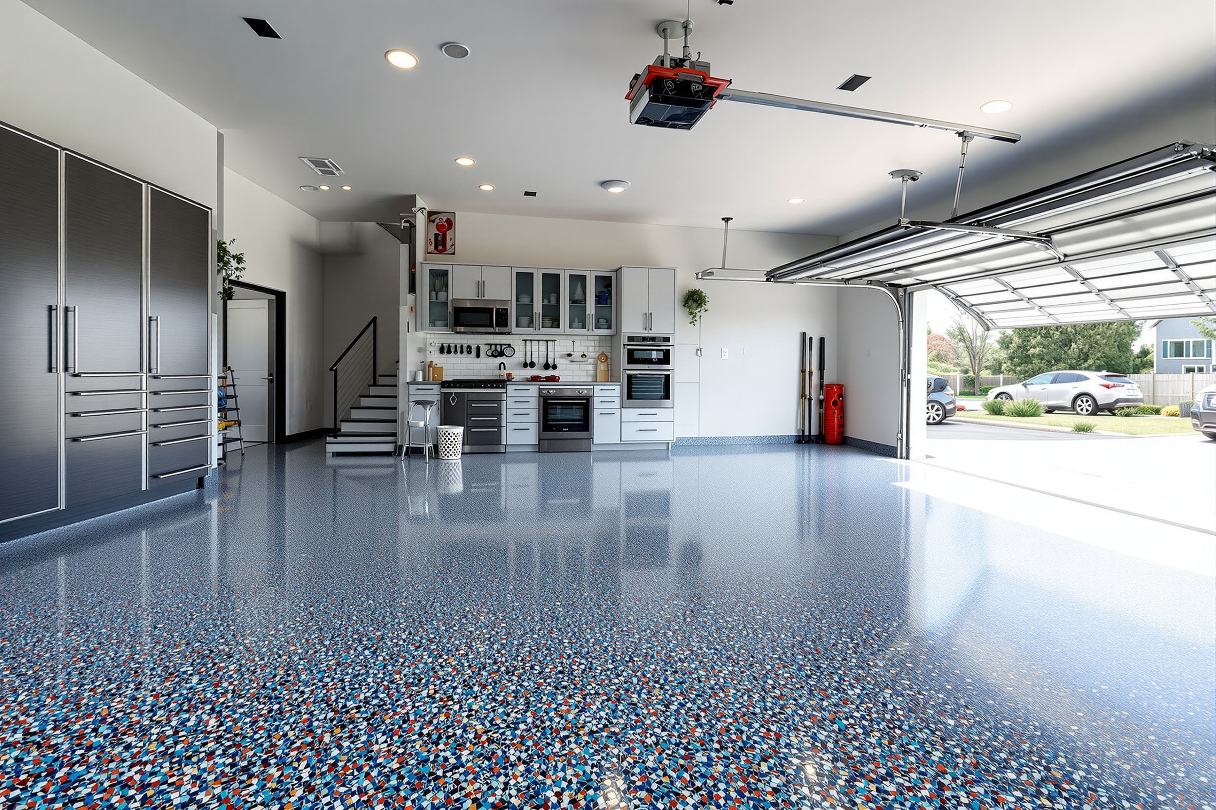 Piso epóxicos residencial con acabado flake en cochera moderna