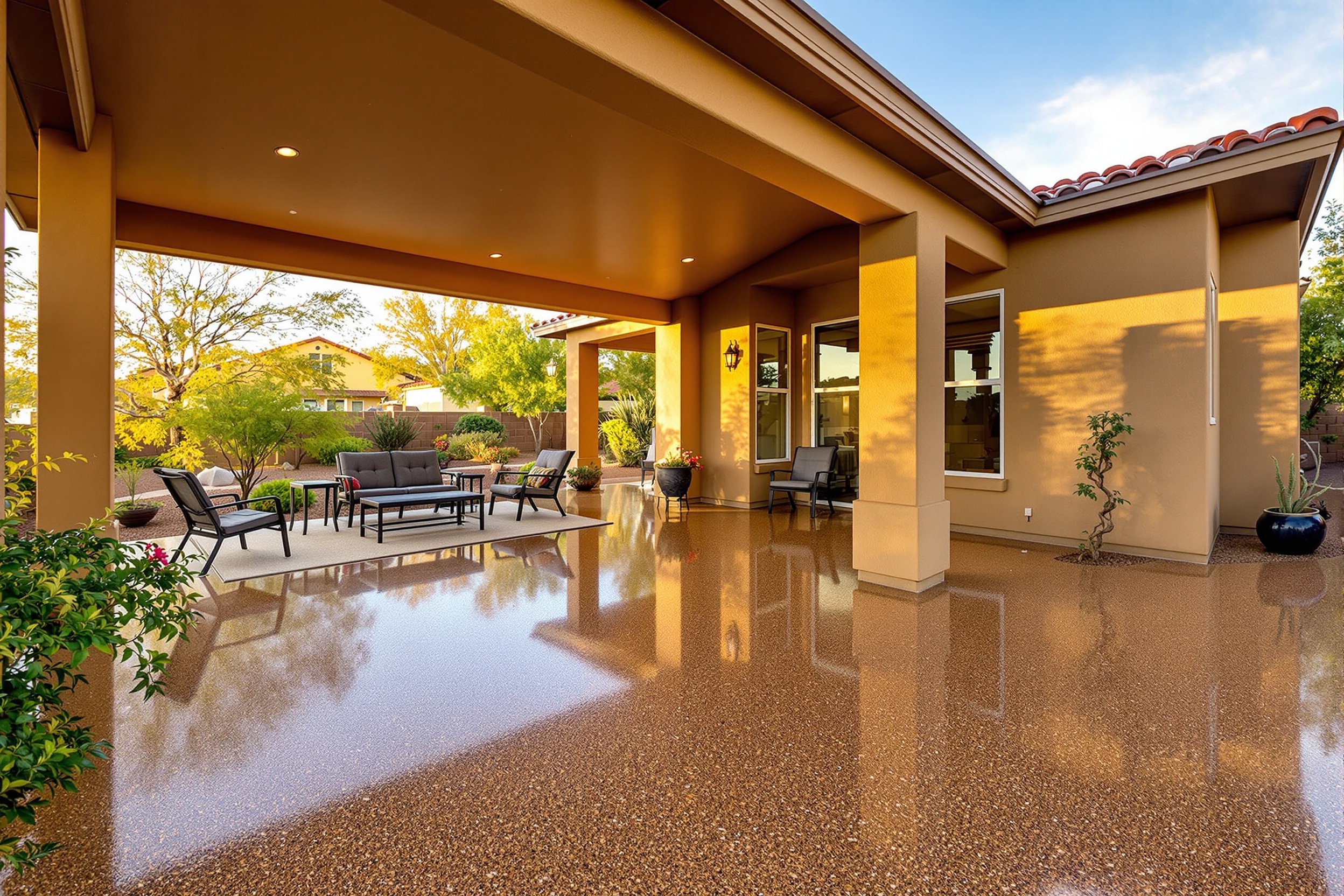 Piso epóxicos flake en patio residencial estilo Sonora